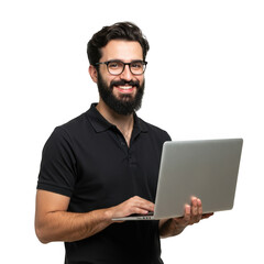 Smiling bearded man wearing glasses and a black polo shirt holding and typing on a silver laptop computer isolated on transparent background
