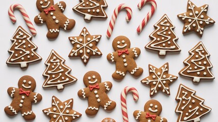 Christmas gingerbread man cookies snowman stars snowflake and candy cane festive holiday background.