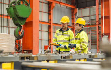 Leader manager talk work order staff male engineer technician team hard hat and uniform safety vest hand holding remote control overhead crane pick up heavy machine technology in industry factory