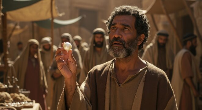 A man pearl merchant holding a precious pearl, depicting the biblical parable of the pearl of great price. Religious concept.