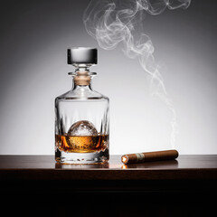 Generative AI Whiskey Decanter and Cigar Still Life Smoke Liquor Alcohol Glass Ice ball Still life Luxury Brown Tobacco Wooden surface Drink Spirits Relaxation Classic - Unique Design