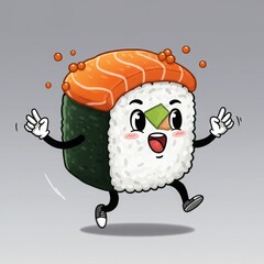 Generative AI Happy Sushi Roll Cartoon Character Food Japanese Cuisine Rice Seaweed Salmon Kawaii Running Illustration Mascot Cute Animation Fun Humor Fresh - Perfect For Your Project