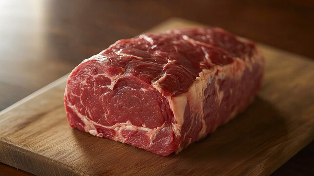 Raw red meat on a wooden board. Fresh meat from grass-fed and free-range animals	
