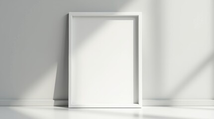 Minimal white frame mockup on gray wall with natural light and soft shadows for branding poster artwork and interior design visuals