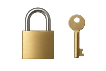 Gold padlock and key ensuring security on transparent background