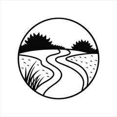Flowing River with Trees and Grass Flat Outline Vector