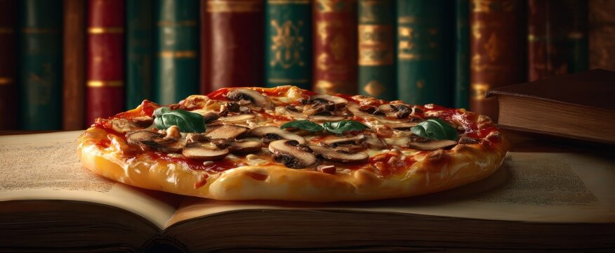 The pizza with mushrooms and basil resting on an open book.
