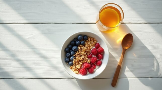 Fresh breakfast bowl with granola yogurt and berries on bright white table for healthy lifestyle nutrition and food marketing