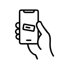 Illustration of a hand holding a smartphone with a rectangle on the screen in a simple line drawing