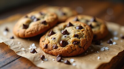 Warm chocolate chip cookies with melting chunks and sea salt on parchment for bakery dessert menu and cozy food marketing