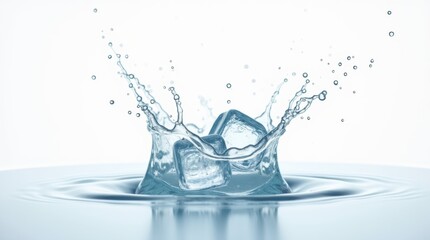 Crystal ice cubes splashing into clear water on white background with crisp droplets for refreshing beverage and summer video ads