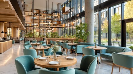 Elegant Restaurant Interior with Natural Light, Modern Design, and Comfortable Seating for Fine Dining Experiences