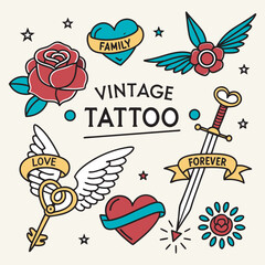 The image you’ve uploaded is a vibrant collection of vintage tattoo flash designs, featuring traditional American tattoo motifs such as roses, hearts, daggers, wings, keys, and banners with words like