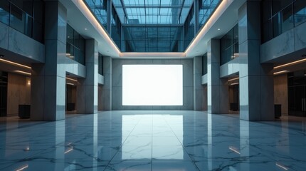 Fototapeta premium Modern corporate lobby with glowing billboard lightbox for premium advertising mockup at night