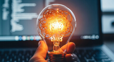 Hand holding clear glass lightbulb with internal gears and glowing filament idea