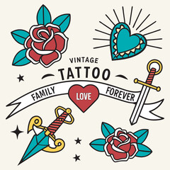 The image you’ve uploaded is a vibrant collection of vintage tattoo flash designs, featuring traditional American tattoo motifs such as roses, hearts, daggers, wings, keys, and banners with words like