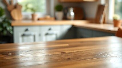 Obraz premium Wooden table surface with natural texture and soft kitchen lighting.