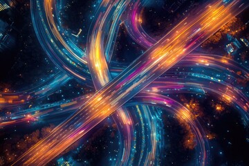 Aerial view of a complex highway interchange at night, illuminated by vibrant light trails of moving vehicles.