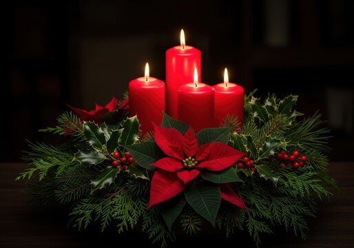Four red advent candles in a festive christmas wreath with poinsettia, holly, and berries on a dark background