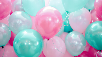 A bunch of pink, white and light blue balloons floating in the air, party decoration, celebration concept, festive mood, soft pastel colors