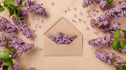 An open envelope with orange flowers coming out of it, some loose flowers around it, light orange background