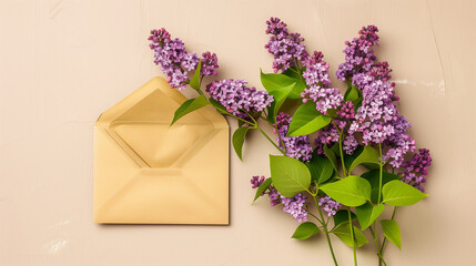 An open envelope with orange flowers coming out of it, some loose flowers around it, light orange background