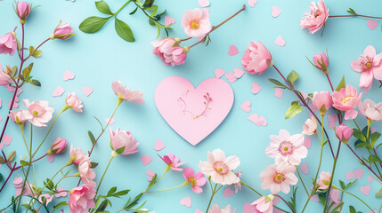 A pink heart surrounded by pink flowers and green leaves on a light blue background, the heart has a floral design in the center