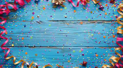 Colorful confetti and party decorations scattered on a blue wooden surface, creating a festive and festive atmosphere with vibrant colors and playful arrangement