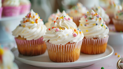 A group of cupcakes with white frosting and colorful sprinkles, arranged on a white plate, with a blurred background of a kitchen counter