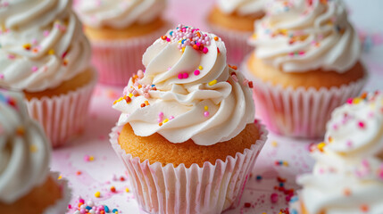 A group of cupcakes with white frosting and colorful sprinkles, arranged on a white plate, with a blurred background of a kitchen counter