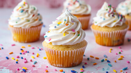A group of cupcakes with white frosting and colorful sprinkles, arranged on a white plate, with a blurred background of a kitchen counter