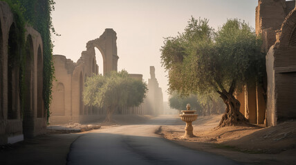 A photograph captures a 9th-century Baghdad ruins road, partially obscured by mist, with olive trees and soft light highlighting the city's rich history and time passage. © MDZAHANGIR