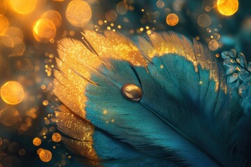 A single waterdrop rests on a teal and gold glitter feather, bokeh background.