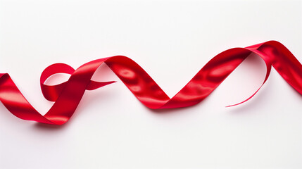 A red ribbon on a red background, the ribbon is wavy and shiny, studio shot