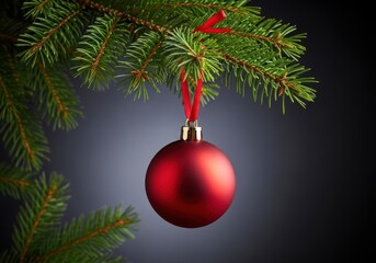 A single red christmas ornament hangs from a green pine tree branch with a red ribbon on a dark background