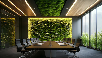boardroom with intricate green moss wall, soft recessed lighting accentuating natural textures, sleek modern furniture complementing organic elements