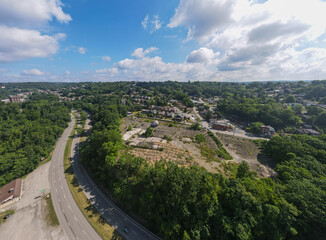 Aerial landscape of abandoned Westinghouse Atom Smasher in Forest Hills Pittsburgh Pennsylvania