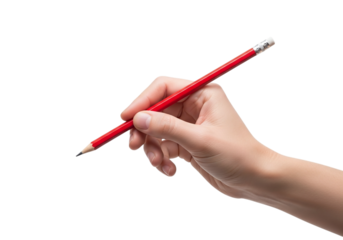 Photo of close up of a hand holding a red pencil ready to write or draw something on a transparent background