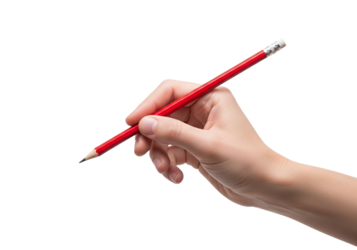 Photo of close up of a hand holding a red pencil ready to write or draw something on a transparent background