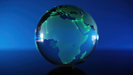 Fototapeta premium Illuminated glass globe showcasing the african continent on a blue background