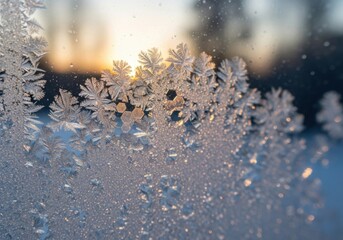 Intricate frost patterns on a windowpane with the warm glow of the rising sun in the background, a beautiful winter scene