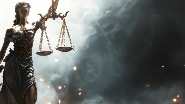 A classical representation of justice is displayed in the image. It features a blindfolded figure holding scales against a dramatic, smoky backdrop, symbolizing impartiality and the pursuit of fairnes