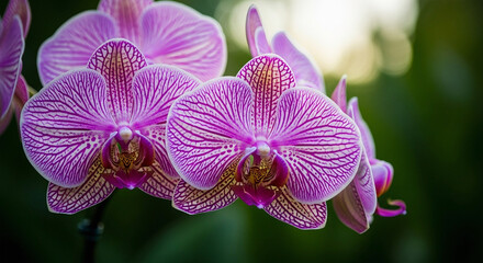 Close up of purple and white striped moth orchids in bloom phalaenopsis flower