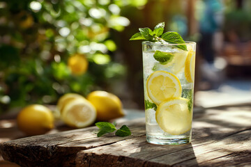 Fototapeta premium Refreshing Lemonade with Mint on Rustic Wood: Summer Drink, Citrus, and Healthy Lifestyle (140 characters)