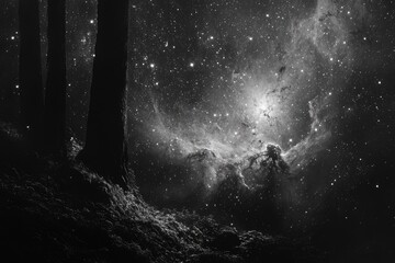 A surreal grayscale image depicting a dark forest silhouetted against a vibrant nebula and star-filled night sky.