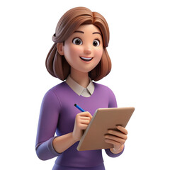 3d cartoon woman writing on clipboard isolated on transparent background