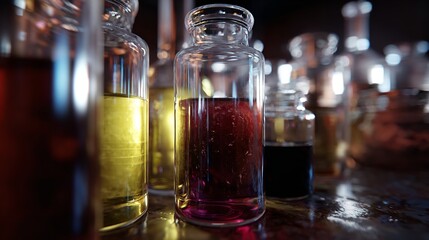 A set of glass bottles of oils and vinegars. A set of glass bottles of oils and vinegars.