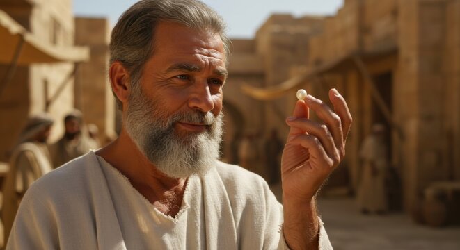 An old man looking at a valuable pearl in his hand. Parable of great price. Religious story illustration.
