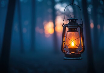 An oldfashioned oil lantern glows warmly, suspended in a dark, misty forest at twilight, casting an enchanting and mysterious light