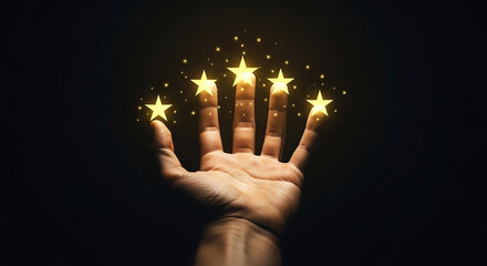 Hand with glowing yellow stars on fingertips against dark background fingers